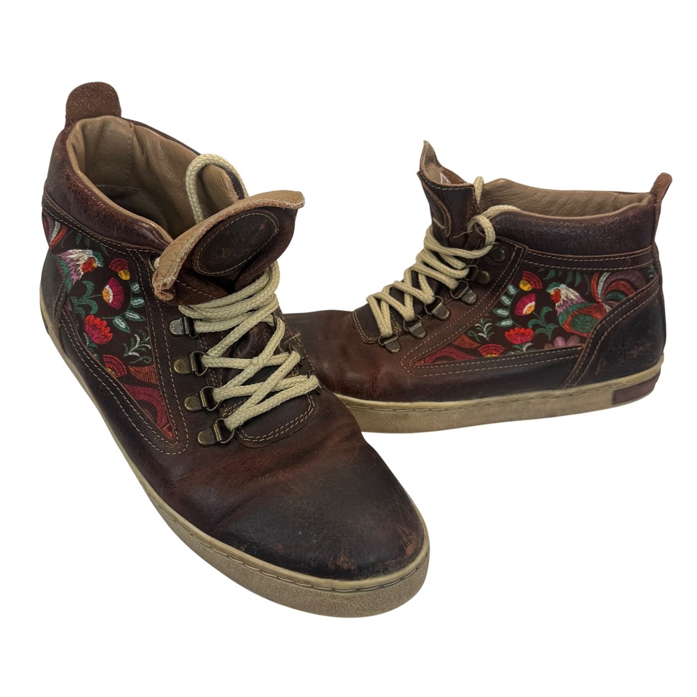 Inkkas Leather High Top Sneakers Brown Embroidered Rooster Floral Men 9 Women 11